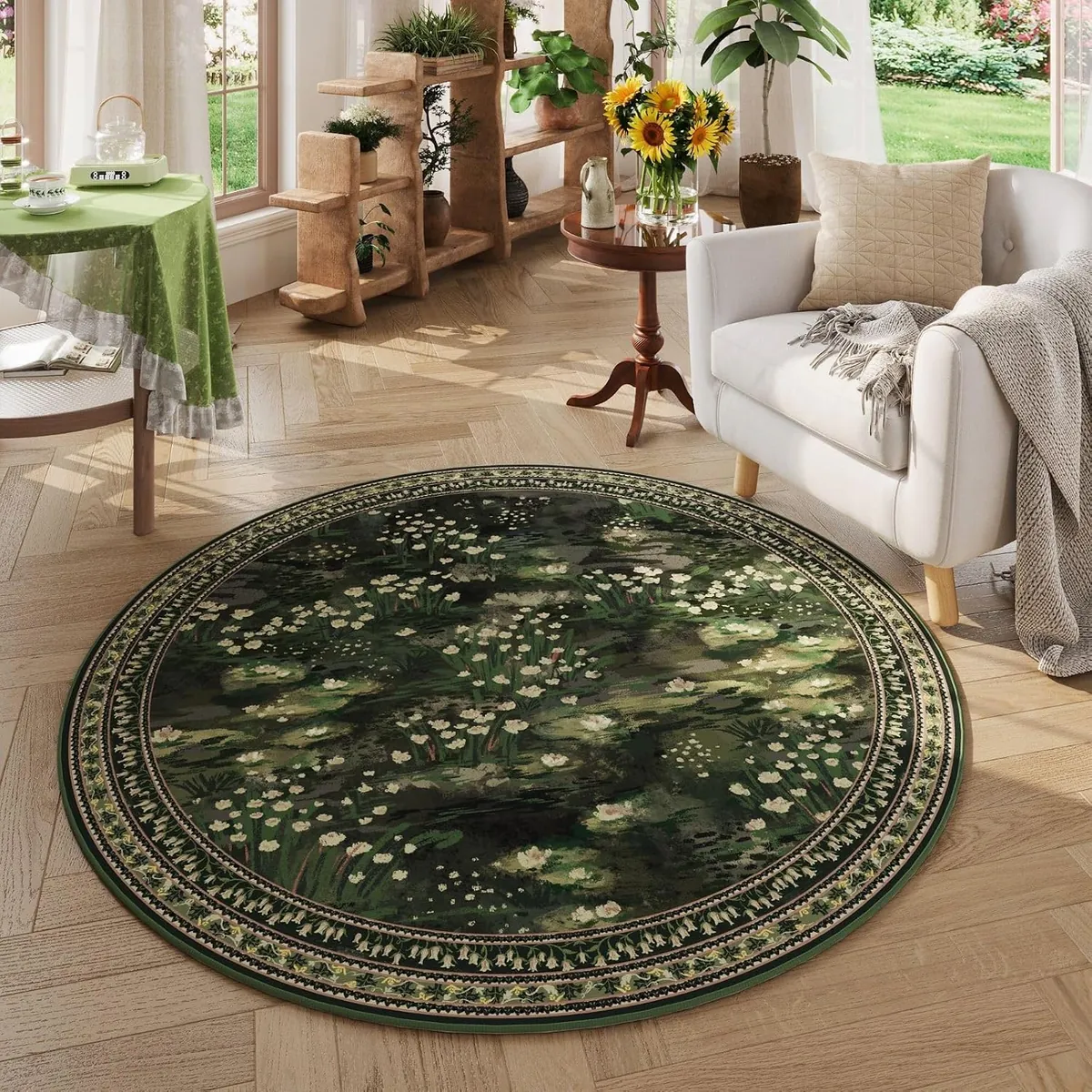 Rugcomf Round Area Rug 4ft Washable Vintage Impressionist-Style